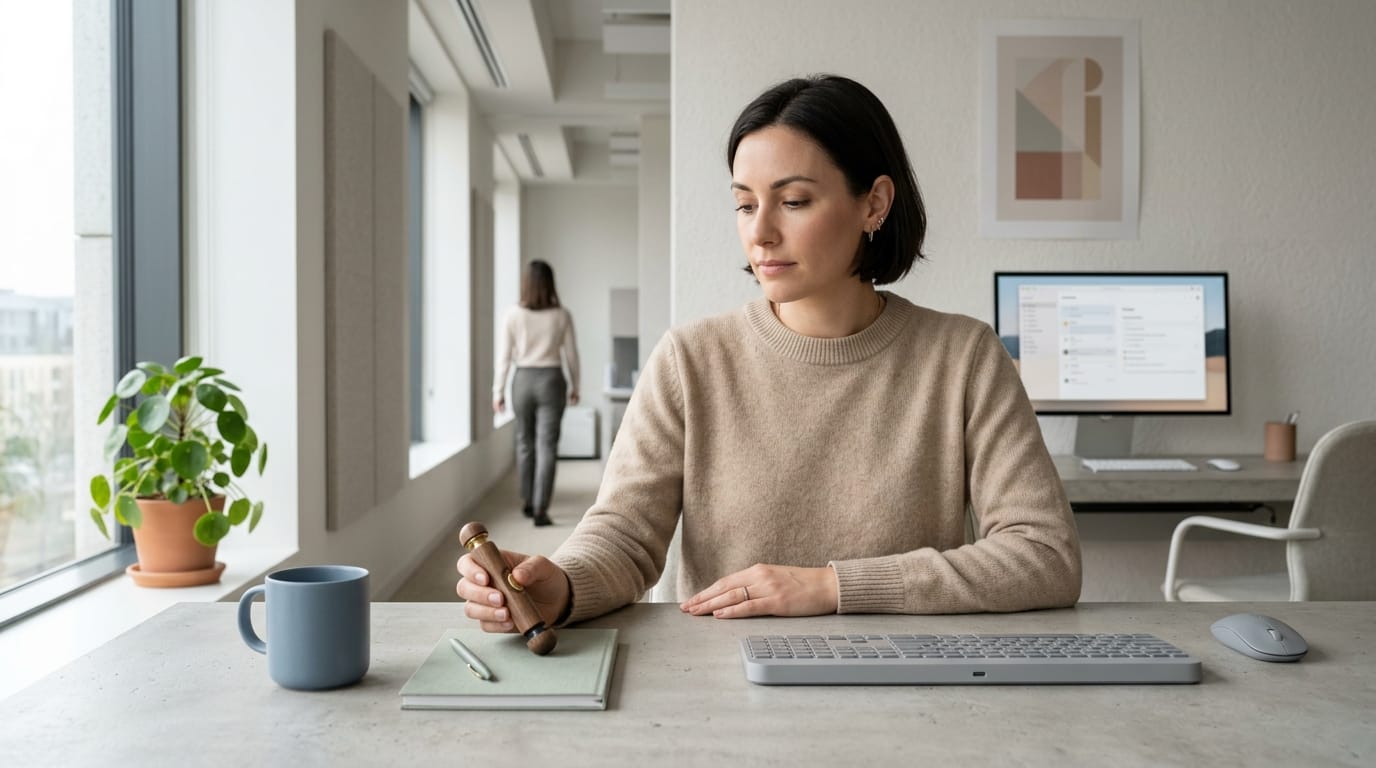 A professional using a silent magnetic sensory tool for adult focus at a modern, clean desk
