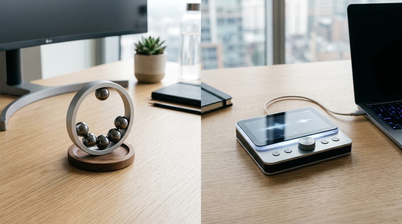 A professional office desk featuring a high-end magnetic fidget tool and a digital sensory device, illustrating the need for personalized sensory feedback based on individual neurological profiles.