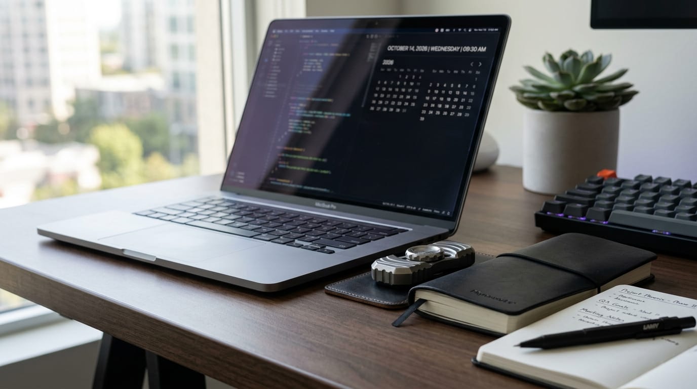 A professional desk featuring high-end sensory grounding tools and a laptop, symbolizing modern focus and nervous system regulation.