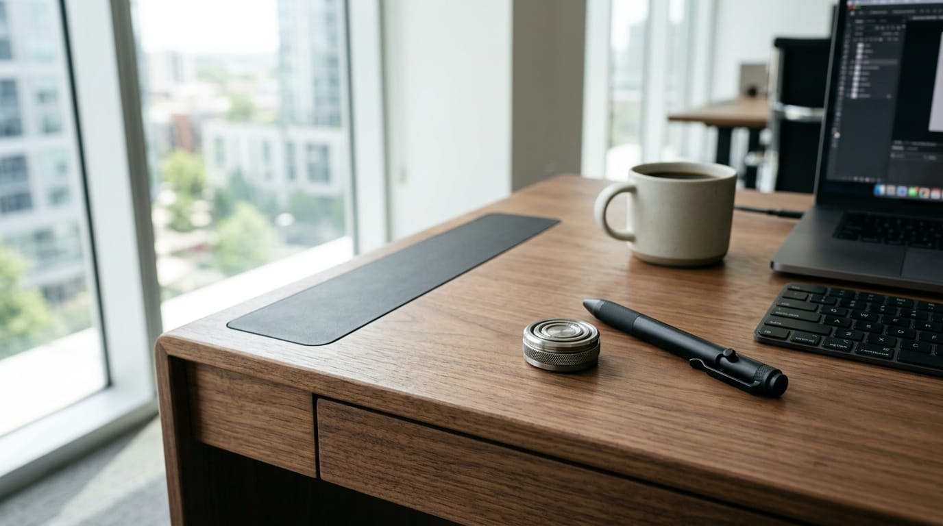 Professional, minimalist sensory tools like silent magnetic pens and metal spinner rings placed on a modern office desk.