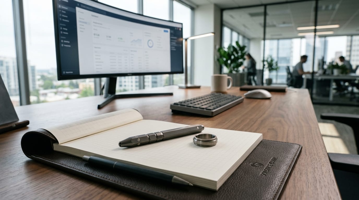 Professional fidget pen and metal spinner ring on a corporate desk representing discreet sensory tools for the modern workplace.