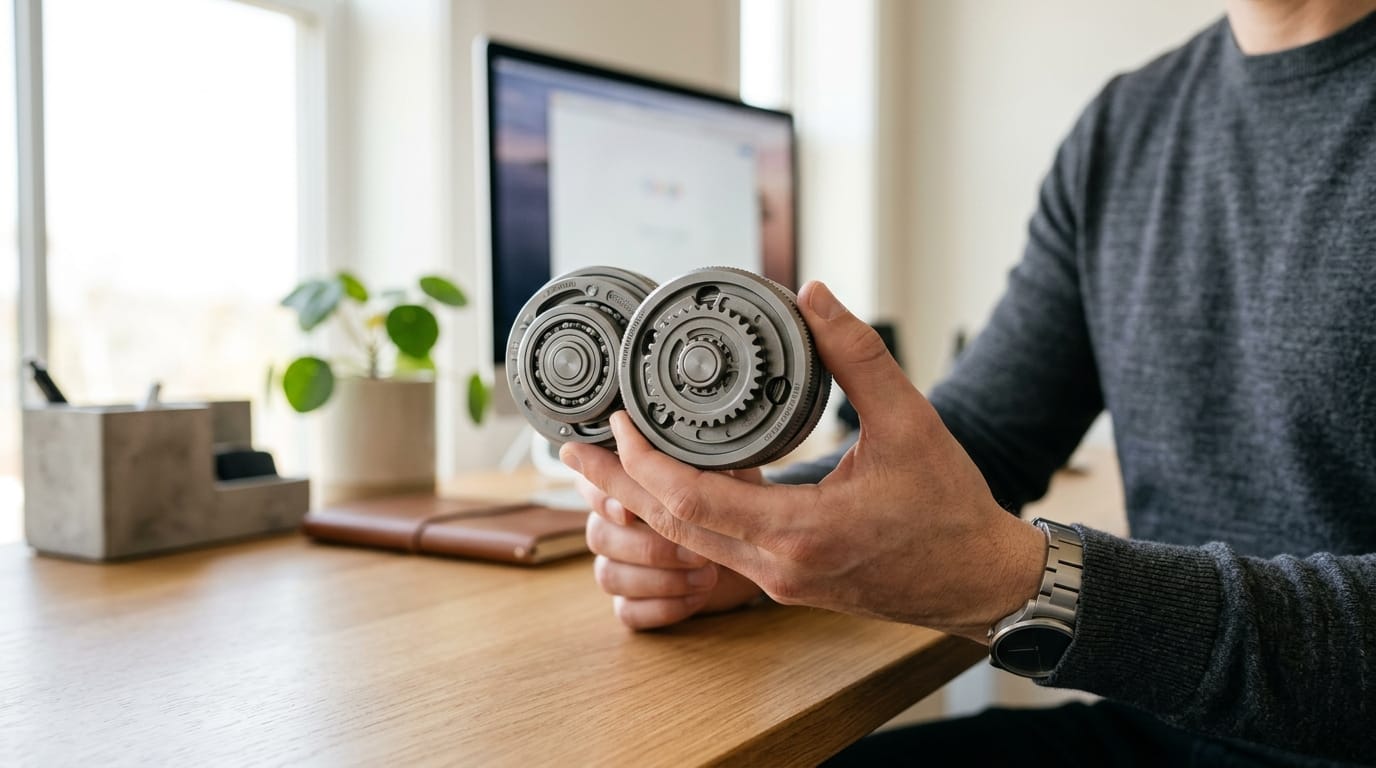 A close-up of a professional holding sleek, silent kinetic rollers designed for discreet focus and stress management in a modern office.