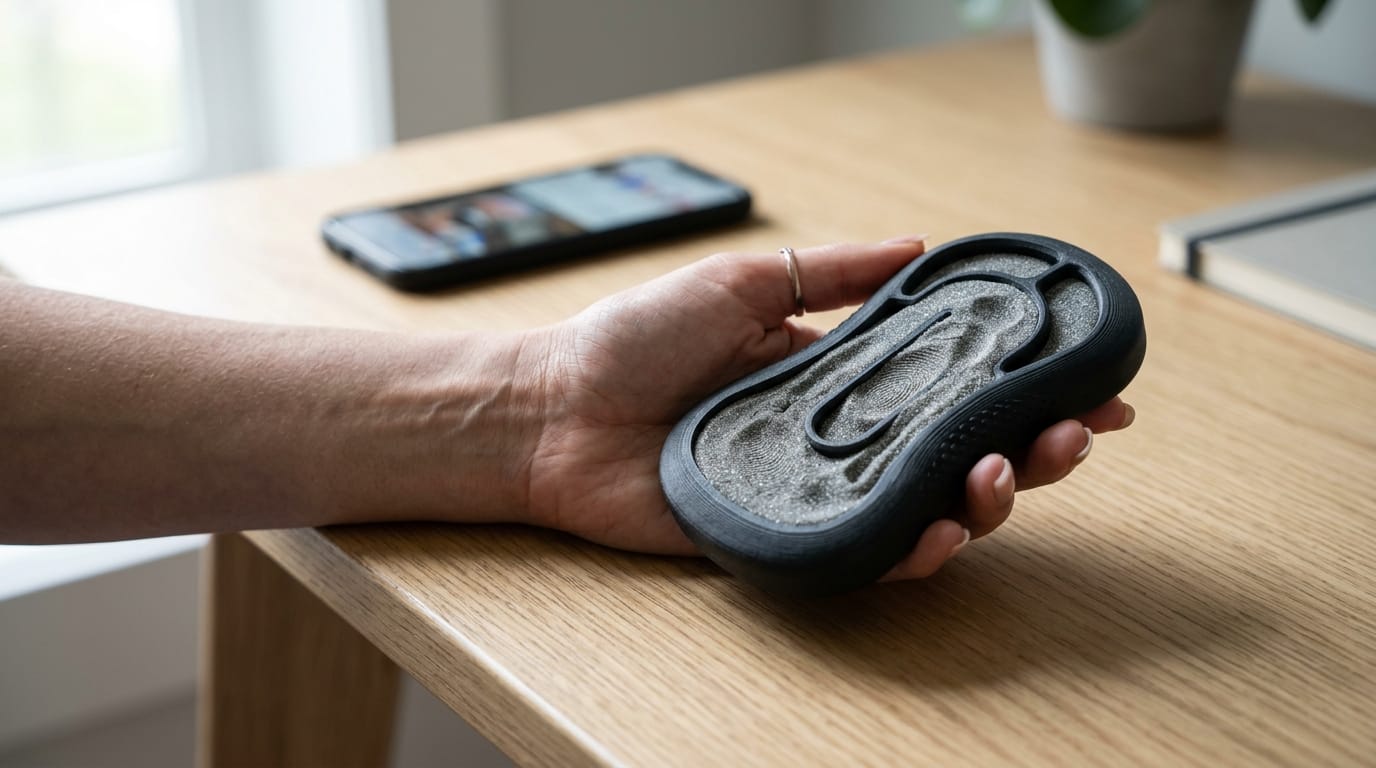 A person using a tactile sensory tool to break the habit of digital doomscrolling and manage stress.