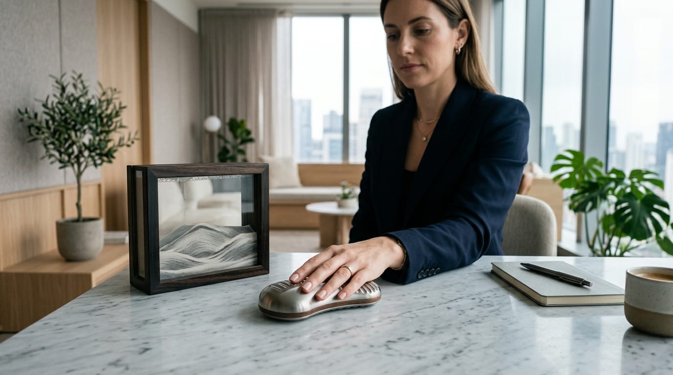 Professional desk setup featuring a weighted haptic sensory tool and kinetic sand art for screen-free stress management.