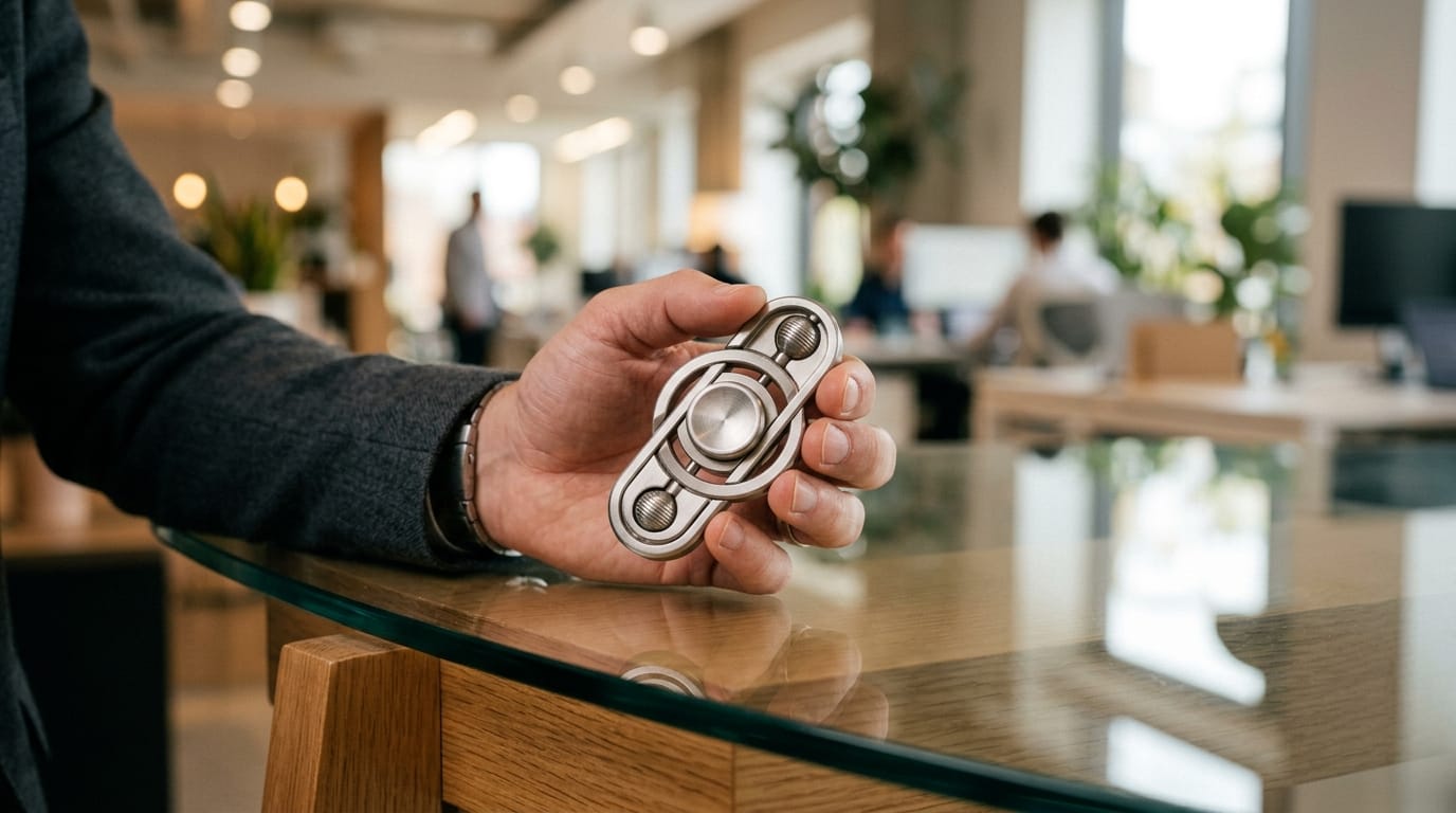 A professional holding a sleek magnetic sensory tool on a clean desk, representing modern executive fidget devices.