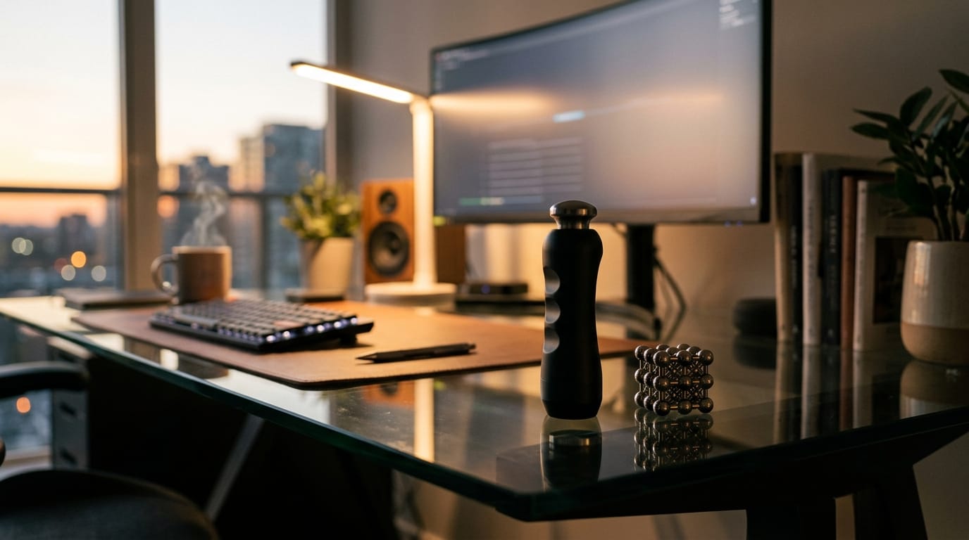 Professional desk environment showcasing handheld deep-pressure stimulation tools used for sensory regulation and sleep transition.