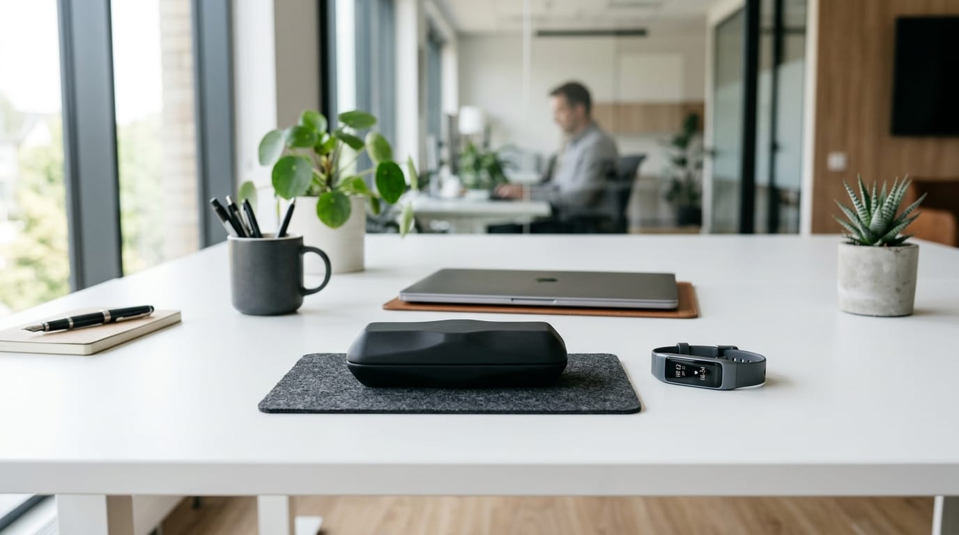 Modern desk accessories for stress reduction and improved sleep hygiene in a 2026 corporate office environment