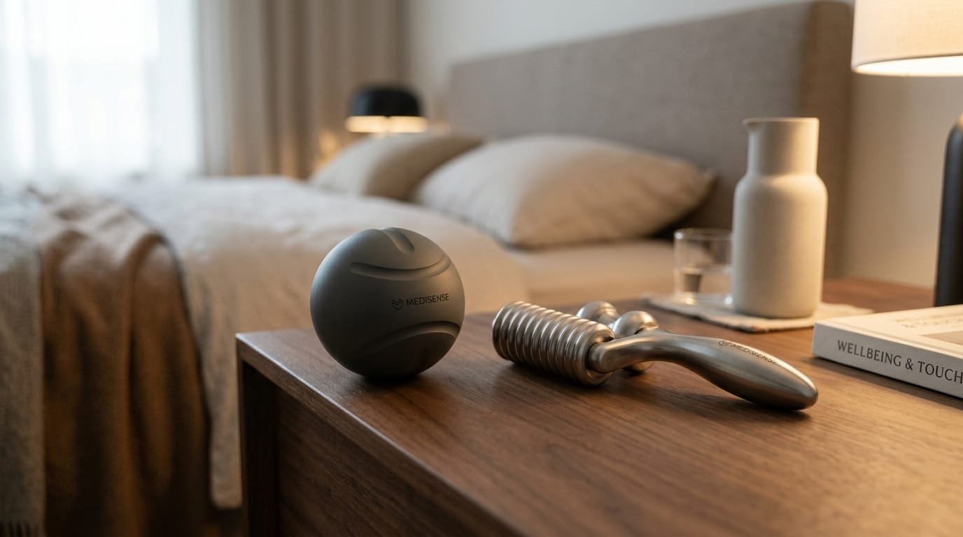 Modern weighted palm-press stress balls and sensory rollers used for sleep therapy on a bedside table.