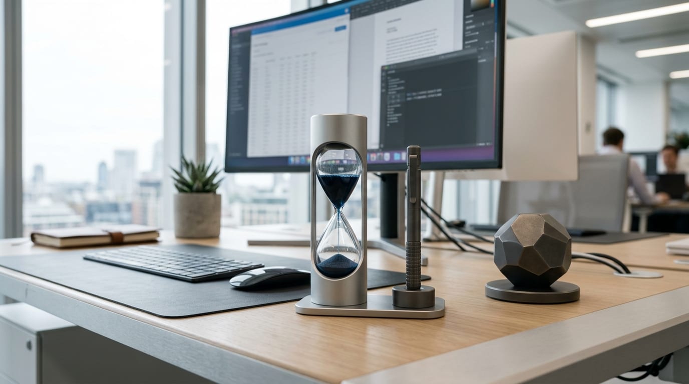 A professional desk workspace showing sensory tools including a liquid motion timer and haptic fidget pen, representing auditory, visual, and tactile input for stress relief.
