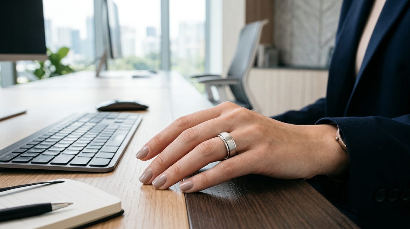 A professional wearing a discreet and elegant sensory fidget ring designed for adult stress relief and focus.