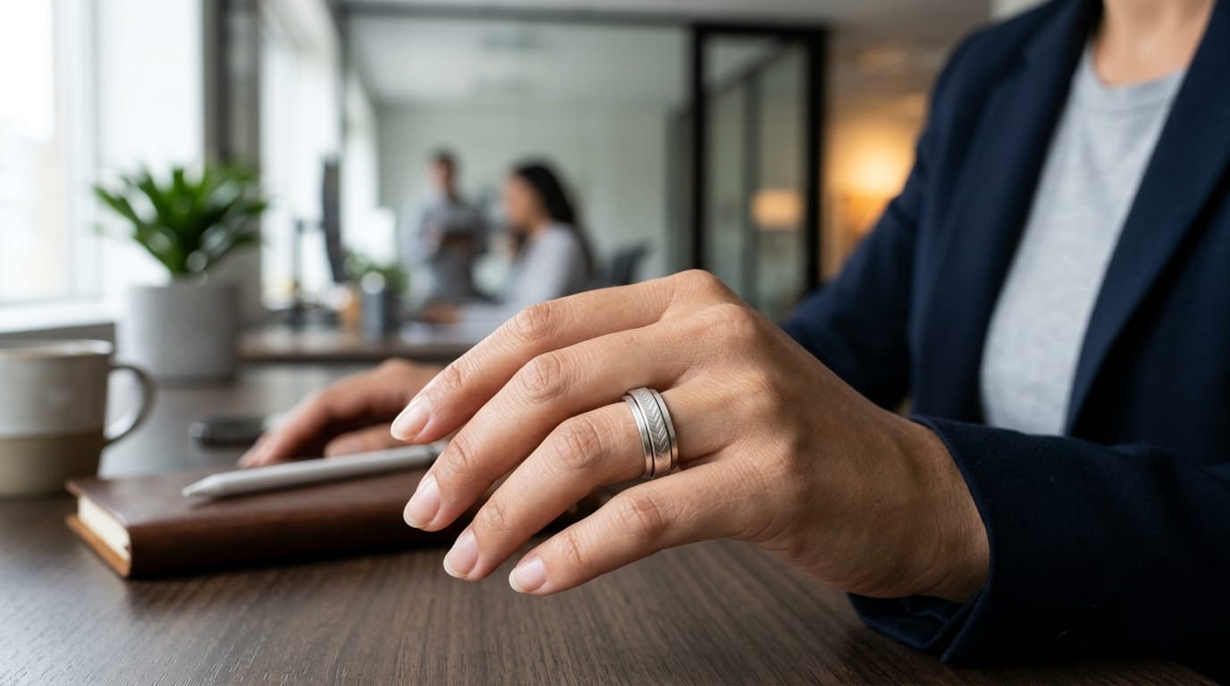 Close-up of a professional wearing a sophisticated, silent kinetic spinner ring designed for focus and anxiety relief.