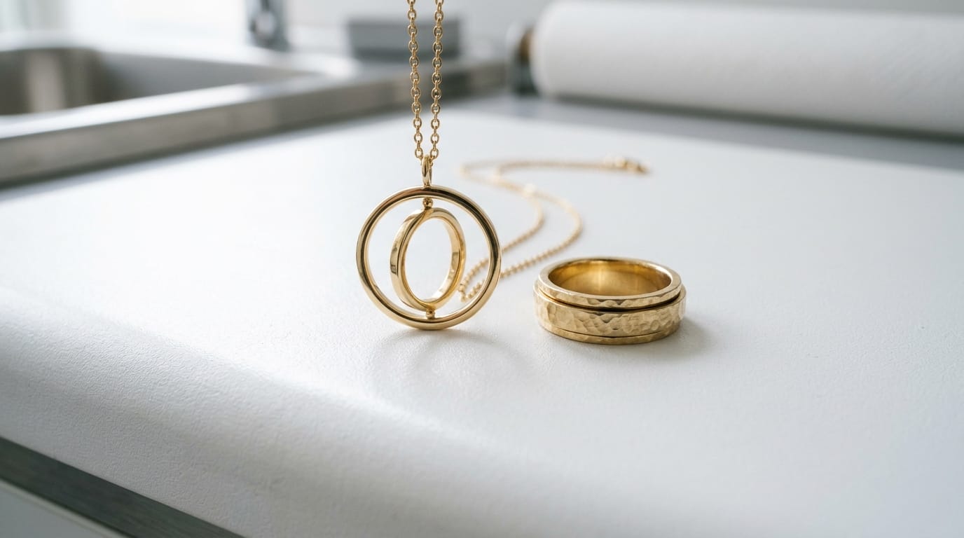 Close-up of a modern gold kinetic pendant and textured sensory ring on a professional surface.