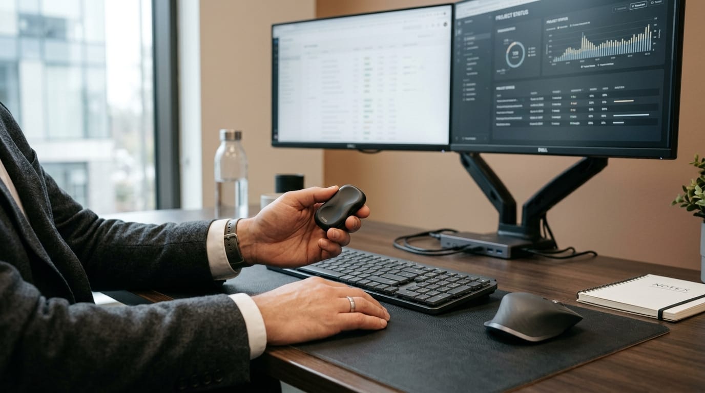 A professional using a weighted fidget tool for bilateral stimulation and sensory grounding in a modern, ergonomic office.