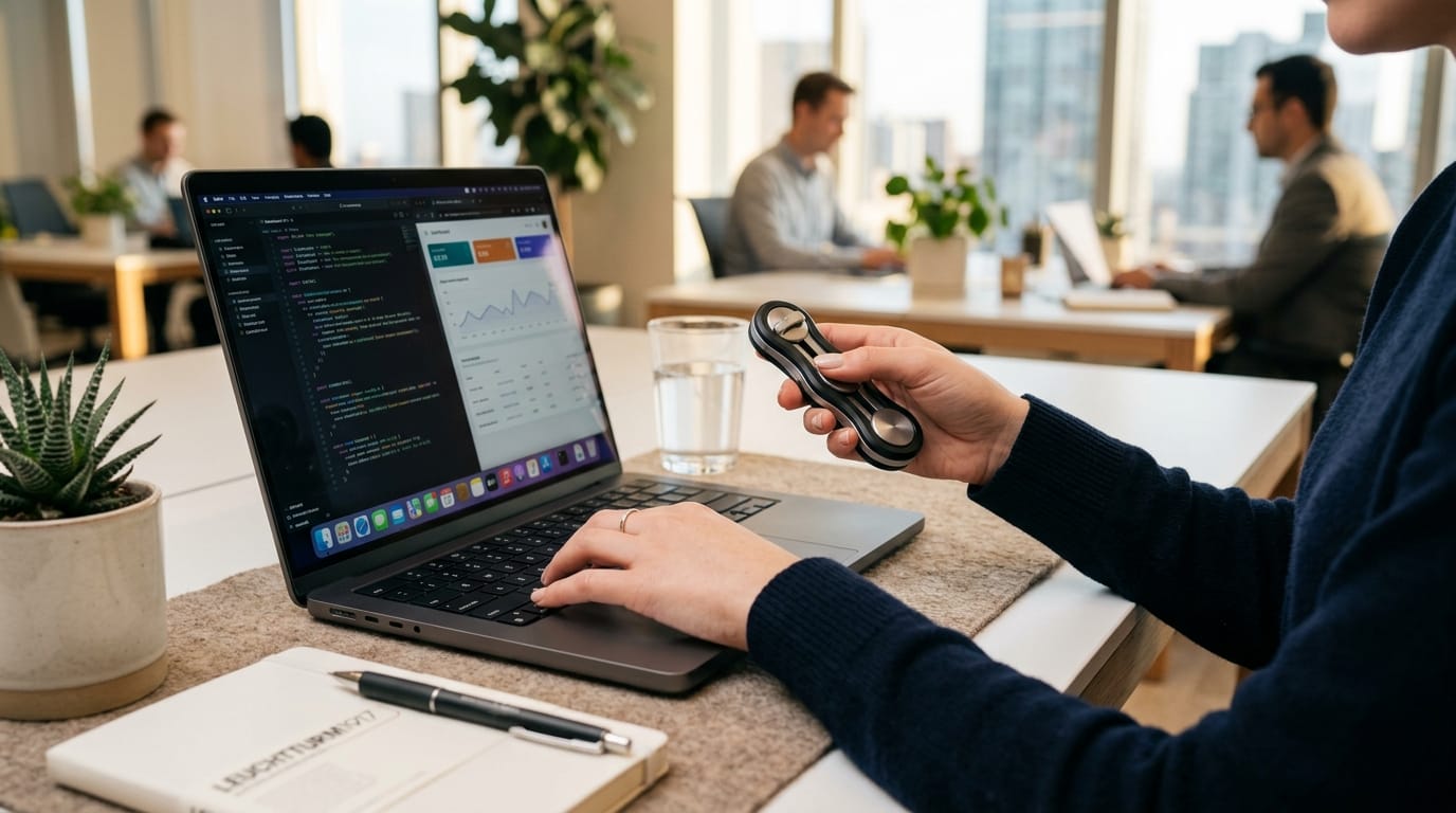 A professional using a weighted fidget tool for focus and stress management in a modern, ergonomically designed office workspace.