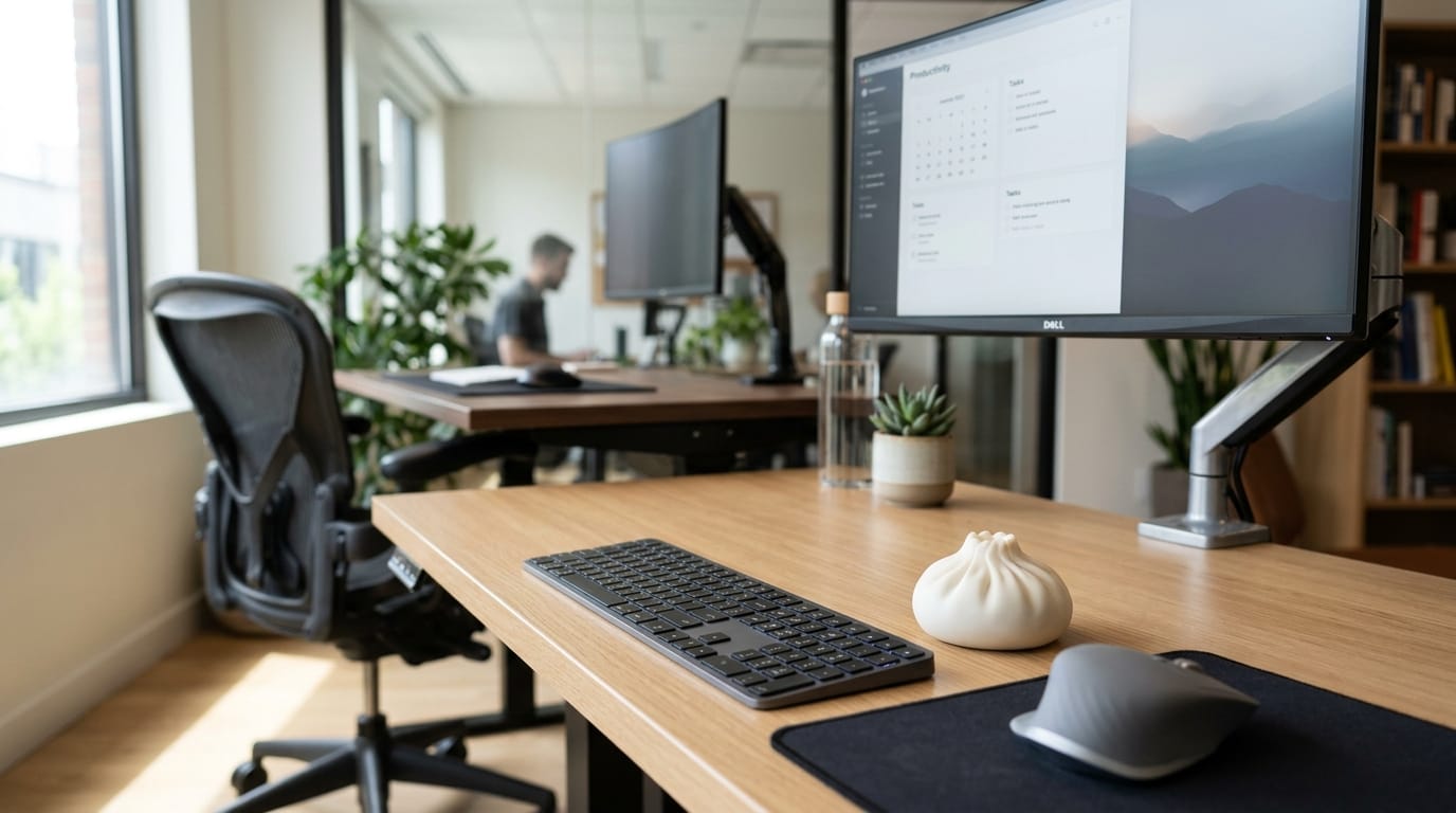 Professional desk setup in 2026 featuring a tactile dumpling stress ball as an ergonomic tool for mental health and focus.