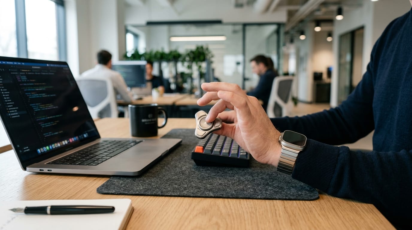 A professional using a discreet haptic sensory tool for stress regulation at a modern office desk.