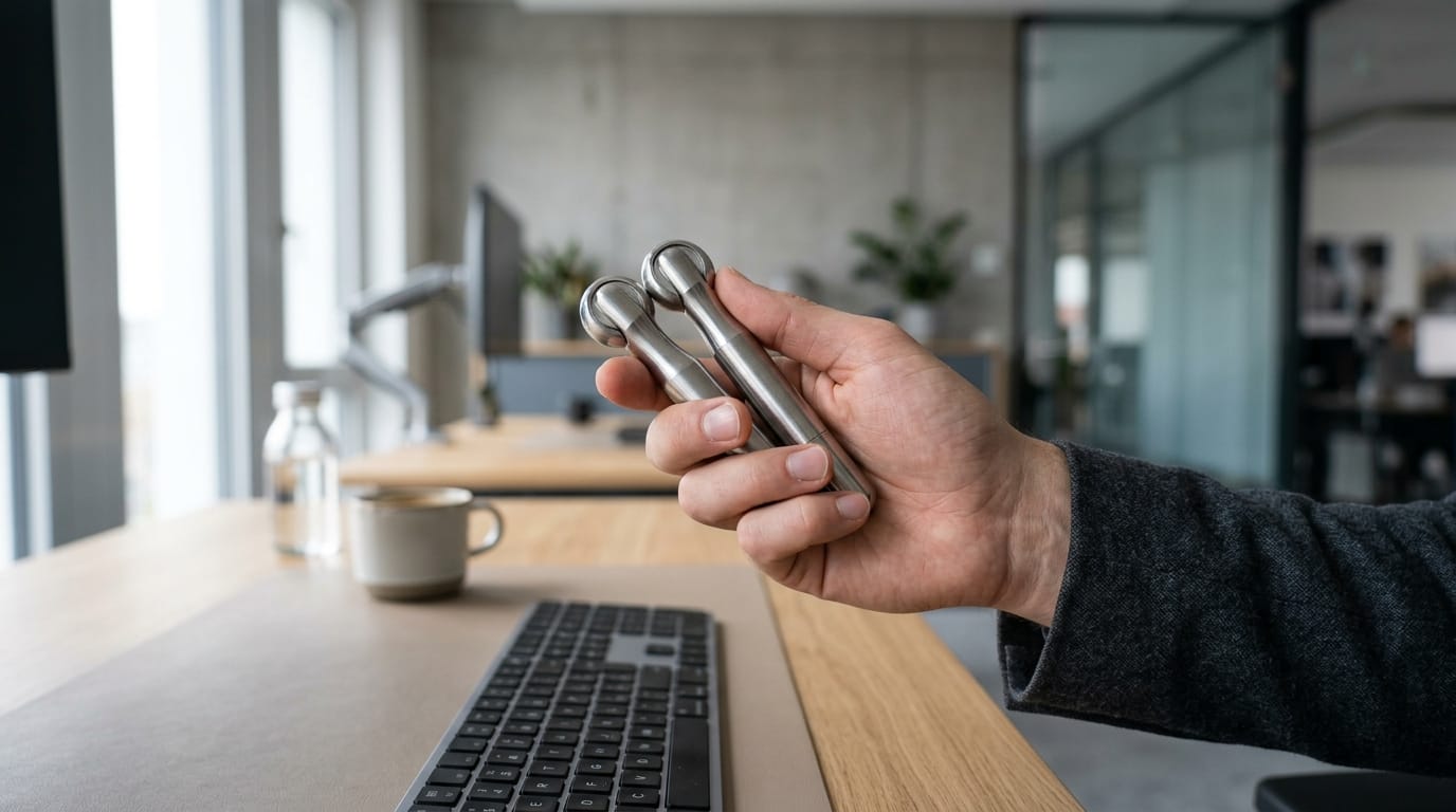 A professional desk setting showcasing a silent, high-quality roller tool used for bilateral stimulation and sensory regulation in a corporate workspace.