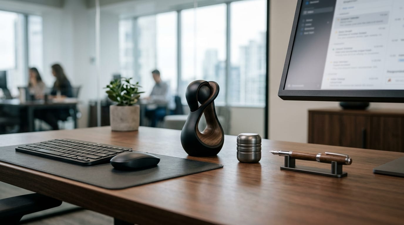 Executive-grade silent sensory tools for stress relief on a modern professional desk in 2026