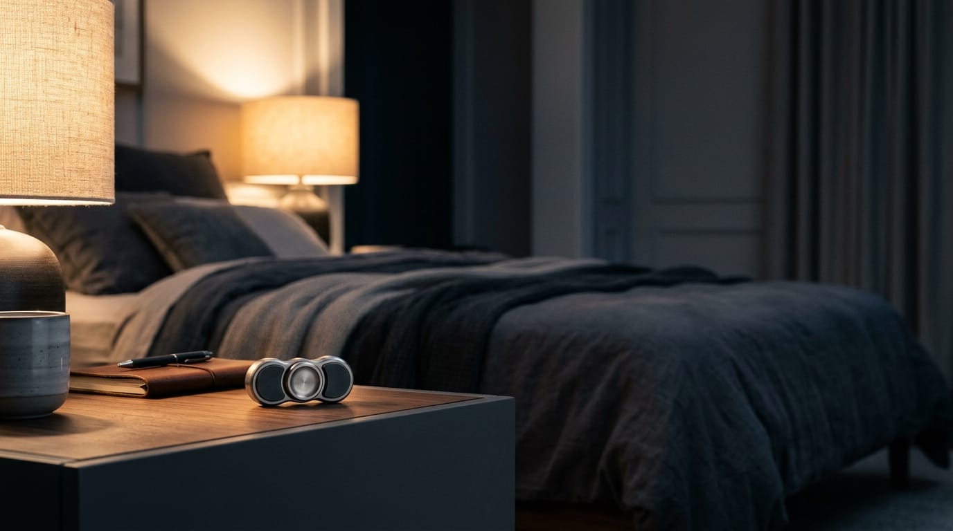 A modern, minimalist bedside setup featuring tactile sensory tools for a grounded sleep wind-down routine.