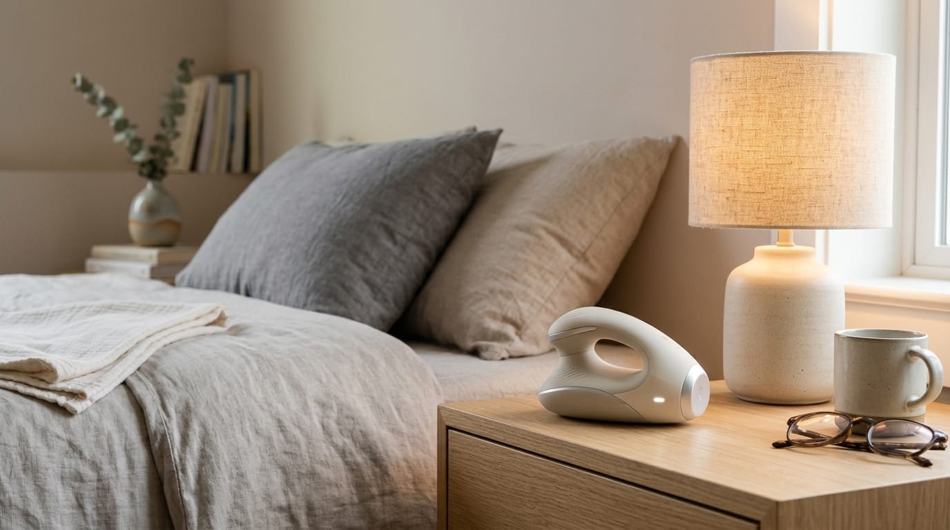 Close-up of a high-quality tactile grounding tool on a nightstand designed for clinical sleep regulation and stress reduction.