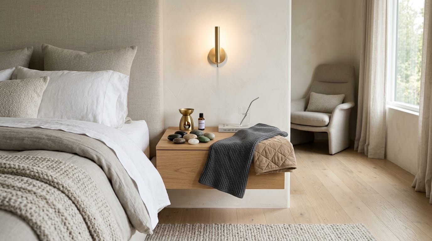 A clinical setup on a nightstand featuring weighted sensory tools and tactile stress relief devices designed for 30-minute sleep preparation.