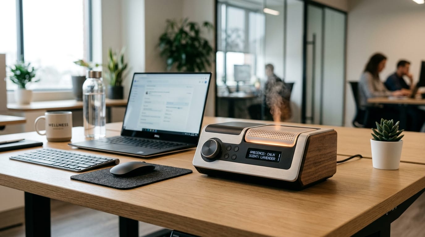 A professional desk featuring a multimodal sensory tool designed for aroma and tactile stress relief in a 2026 office environment.