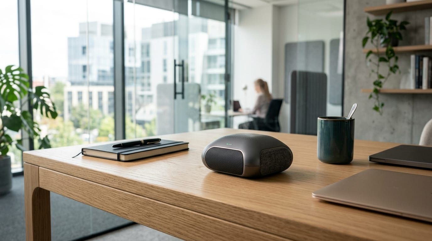 A professional desk setup featuring a modern multimodal sensory tool for workplace stress relief, combining tactile and olfactory wellness features.