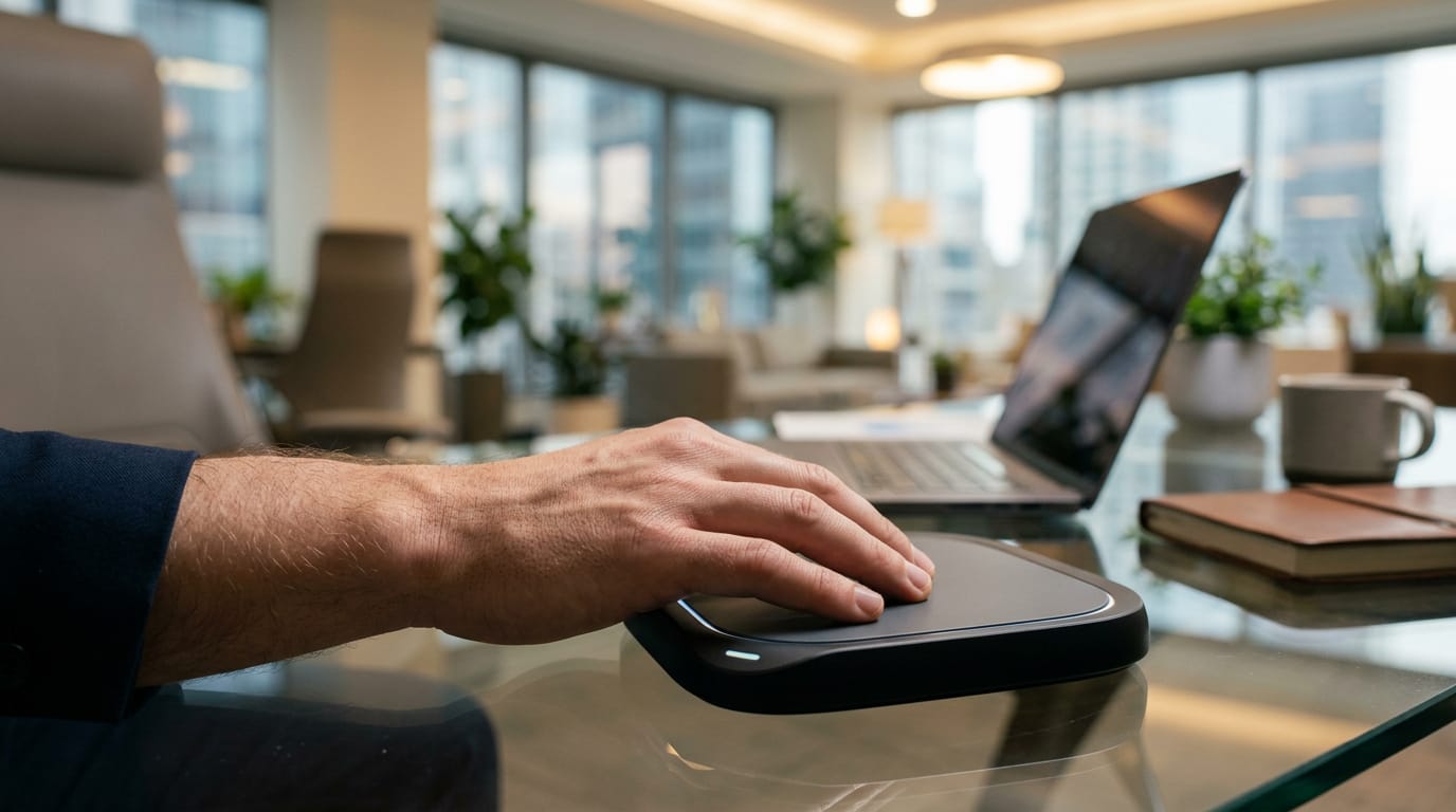Close-up of a professional using a sensory tool to reduce typing muscle tension and physical stress in an office setting.