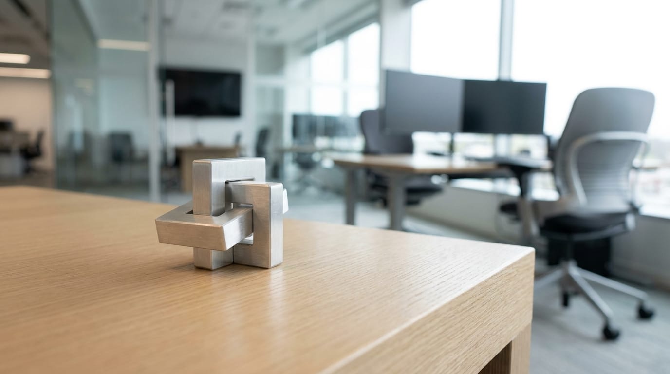 A discreet, high-end aluminum sensory desk toy on a professional workspace, reflecting the 2026 trend toward executive-style fidget tools.
