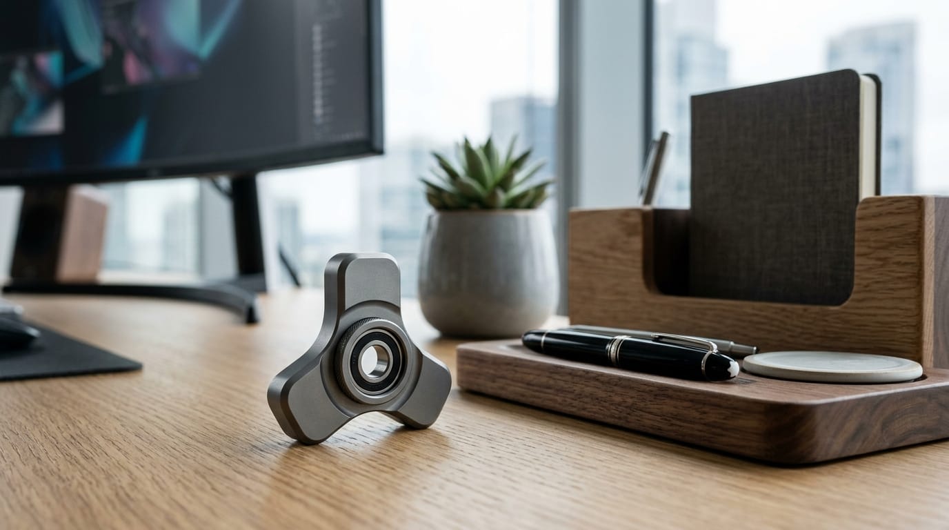 Professional desk setup showcasing a discreet, high-end sensory fidget tool for office stress management and focus.