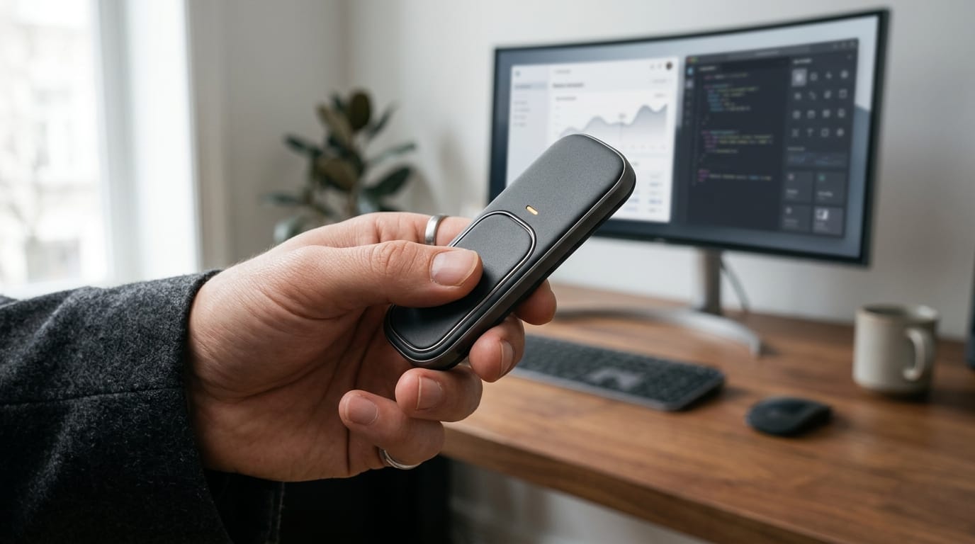 Close-up of a professional haptic feedback slider device on an office desk, illustrating the science of sensory grounding and magnetic tension.