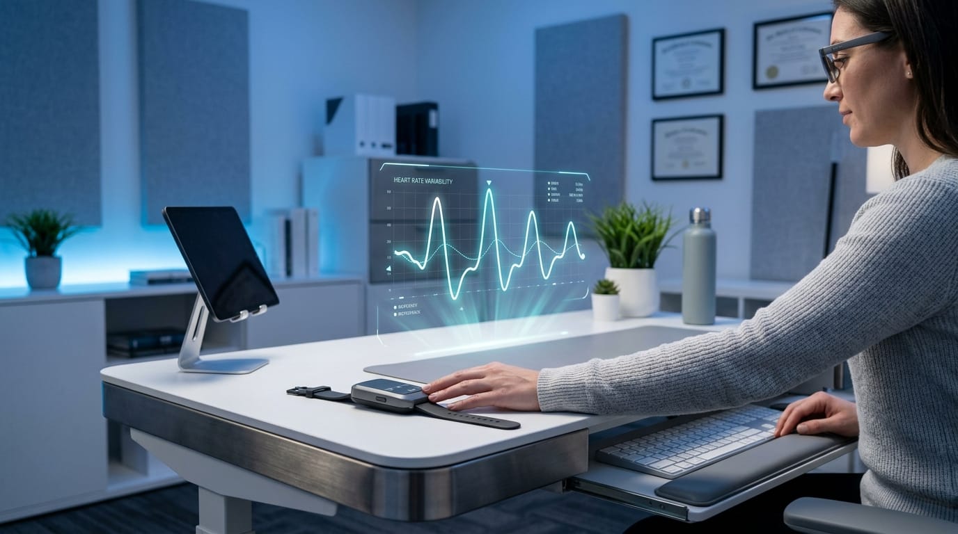 A professional desk setup demonstrating dual-sensory grounding tools for stress management and autonomic regulation in a 2026 corporate wellness context.