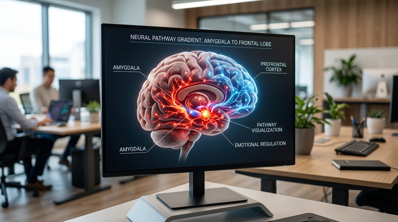 Medical visualization showing multimodal sensory integration and its impact on reducing amygdala stress responses.