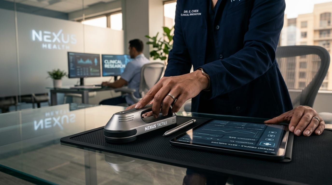 A professional using a magnetic haptic tool for acute stress relief and focus improvement in a clinical office setting.
