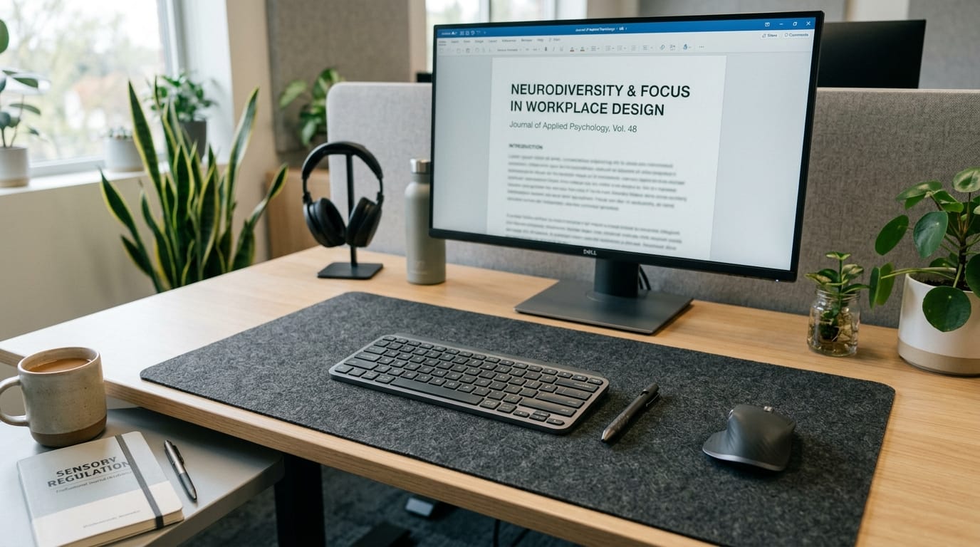 A modern recovery-friendly workspace designed with sensory regulation tools placed within easy reach.