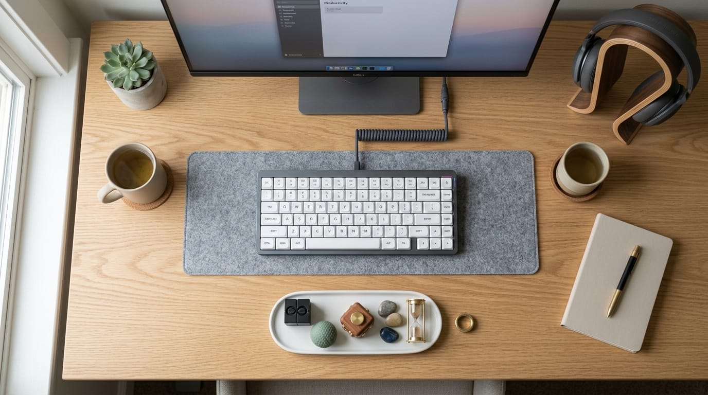 An organized workspace demonstrating sensory zoning with tools positioned for optimal ergonomic access.