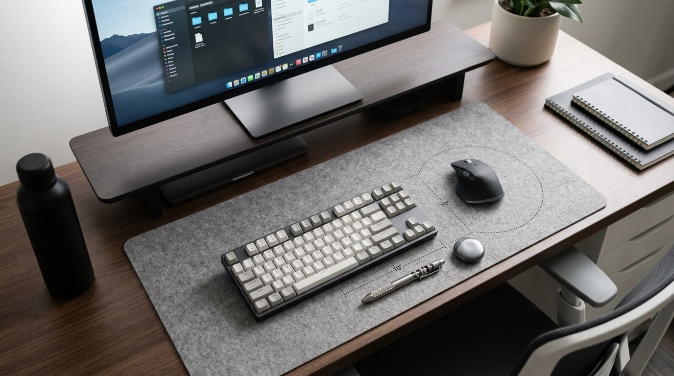 An optimized professional ergonomic desk setup featuring a structured reach zone for sensory tools and stress relief devices.