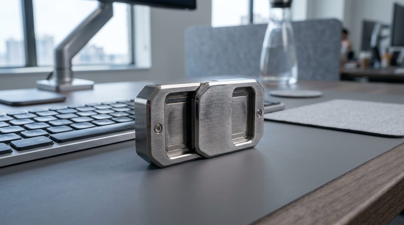 A professional titanium magnetic sensory slider sitting on a modern office desk used for stress relief.
