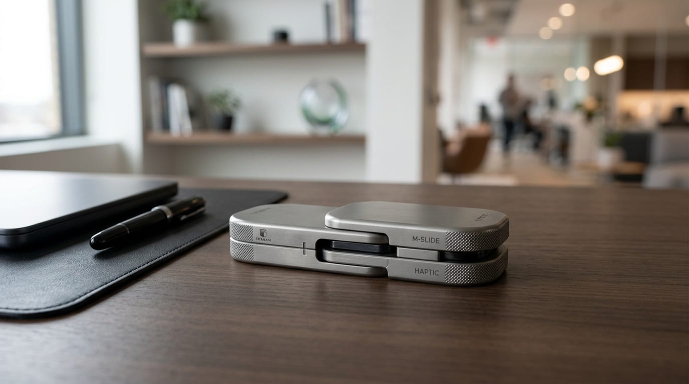 Close-up of a premium magnetic haptic desk tool showcasing smooth resistance curves and high-end metallic finish for workplace stress relief.