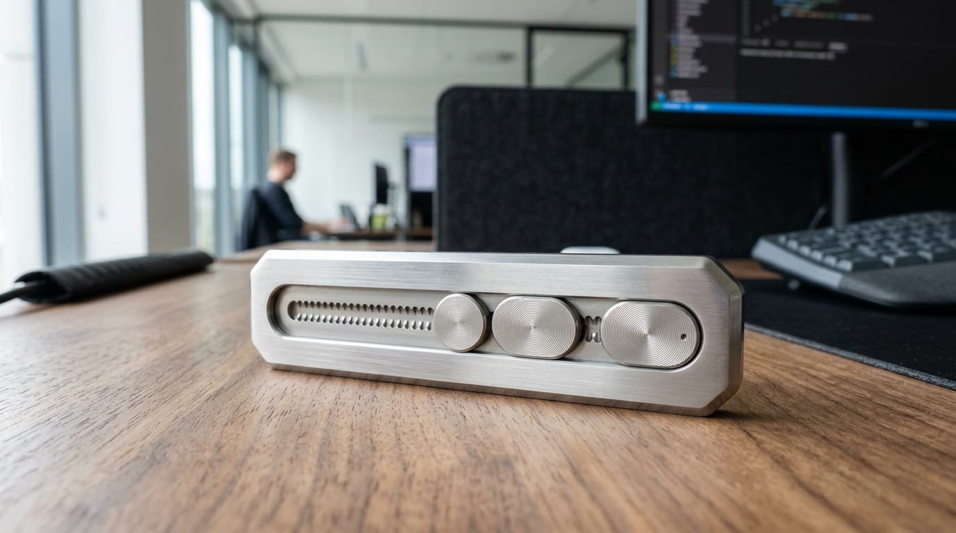 High-end titanium sensory slider on a modern desk for tactile stress relief and workplace focus.