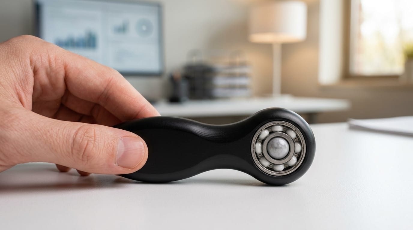 Close-up of a high-precision frictionless rolling device designed for sensory regulation and neurodiverse productivity support.