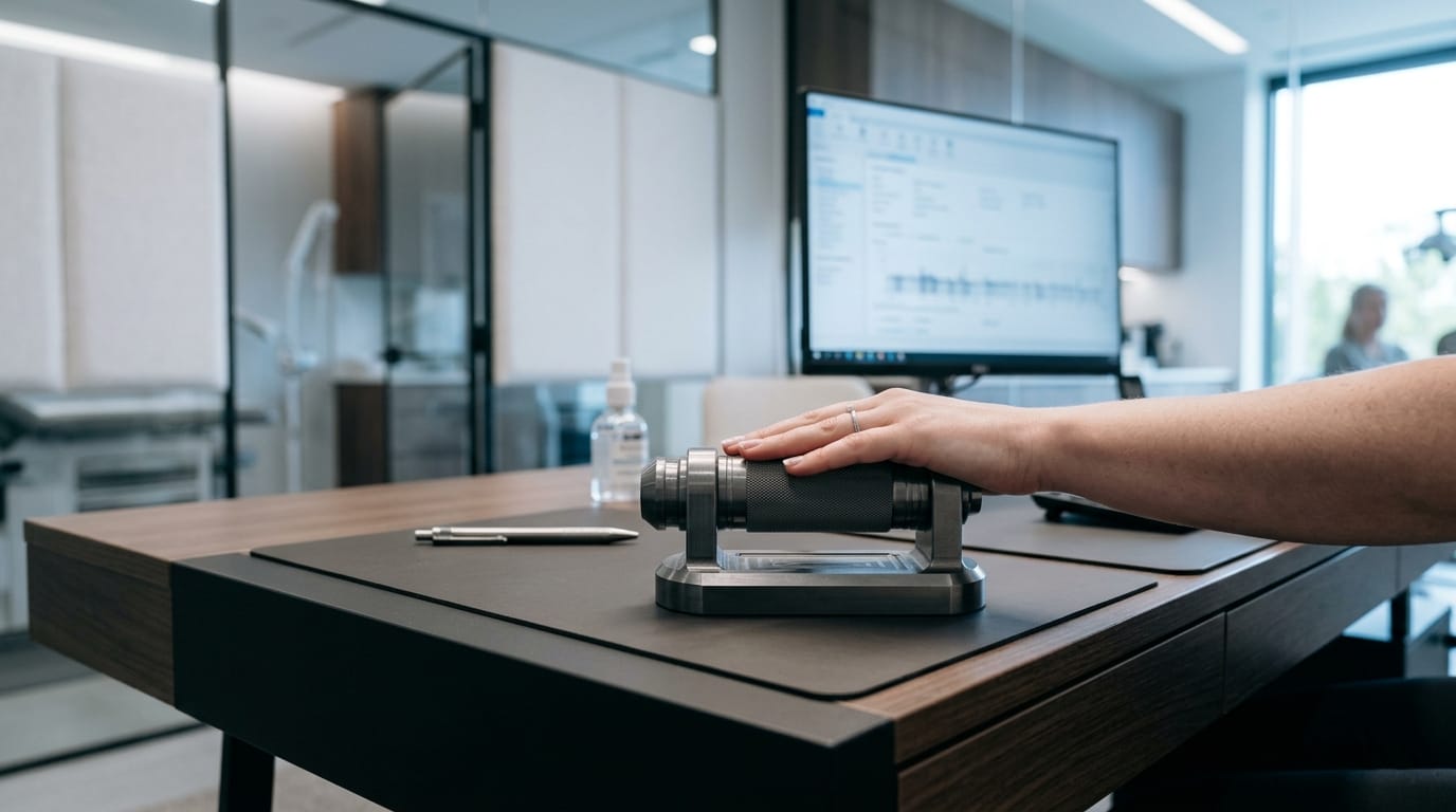 A professional desk setting featuring high-density weighted sensory tools for neurological grounding and stress reduction.