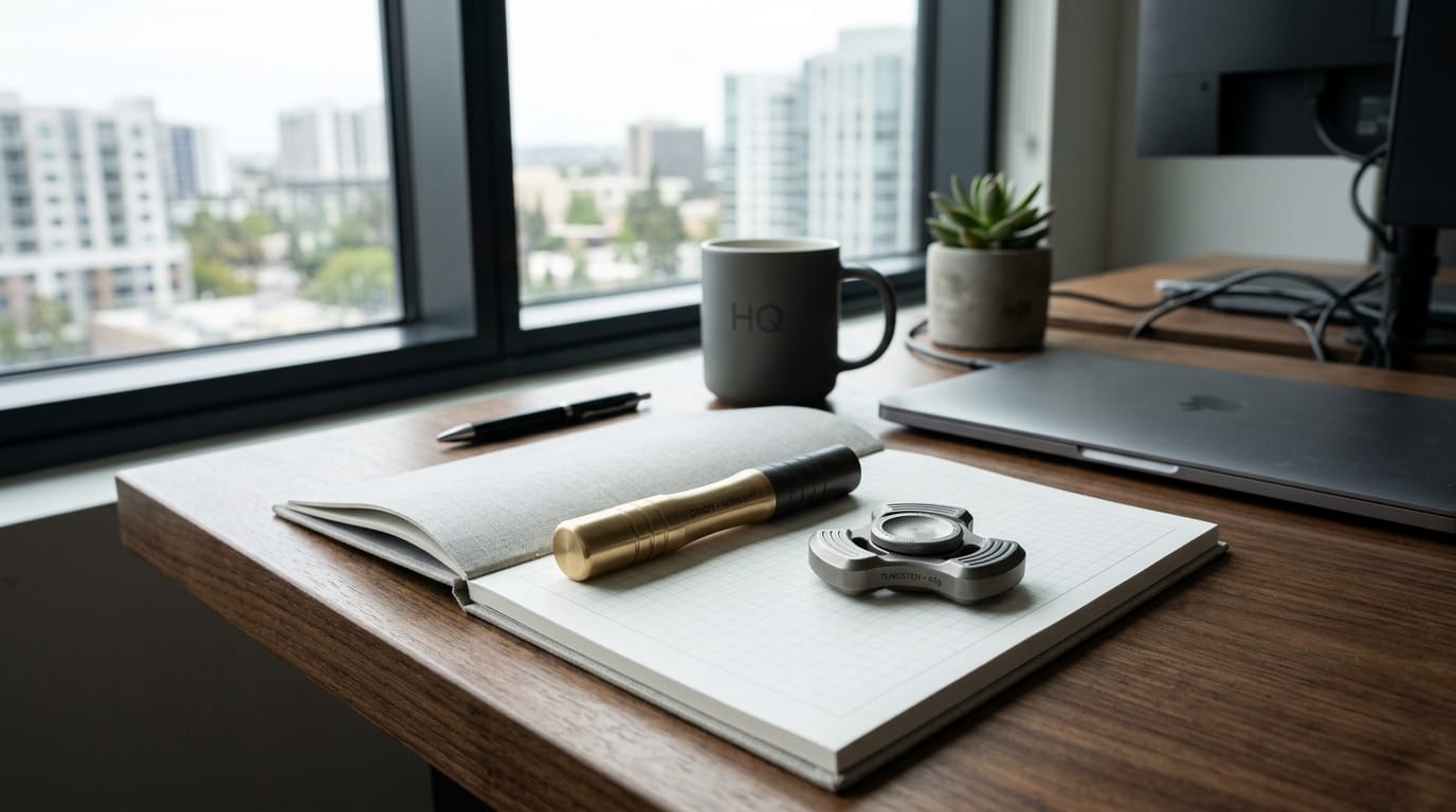 A professional desk setup showcasing portable weighted palm tools designed for reducing workplace anxiety and improving focus through palmar pressure.