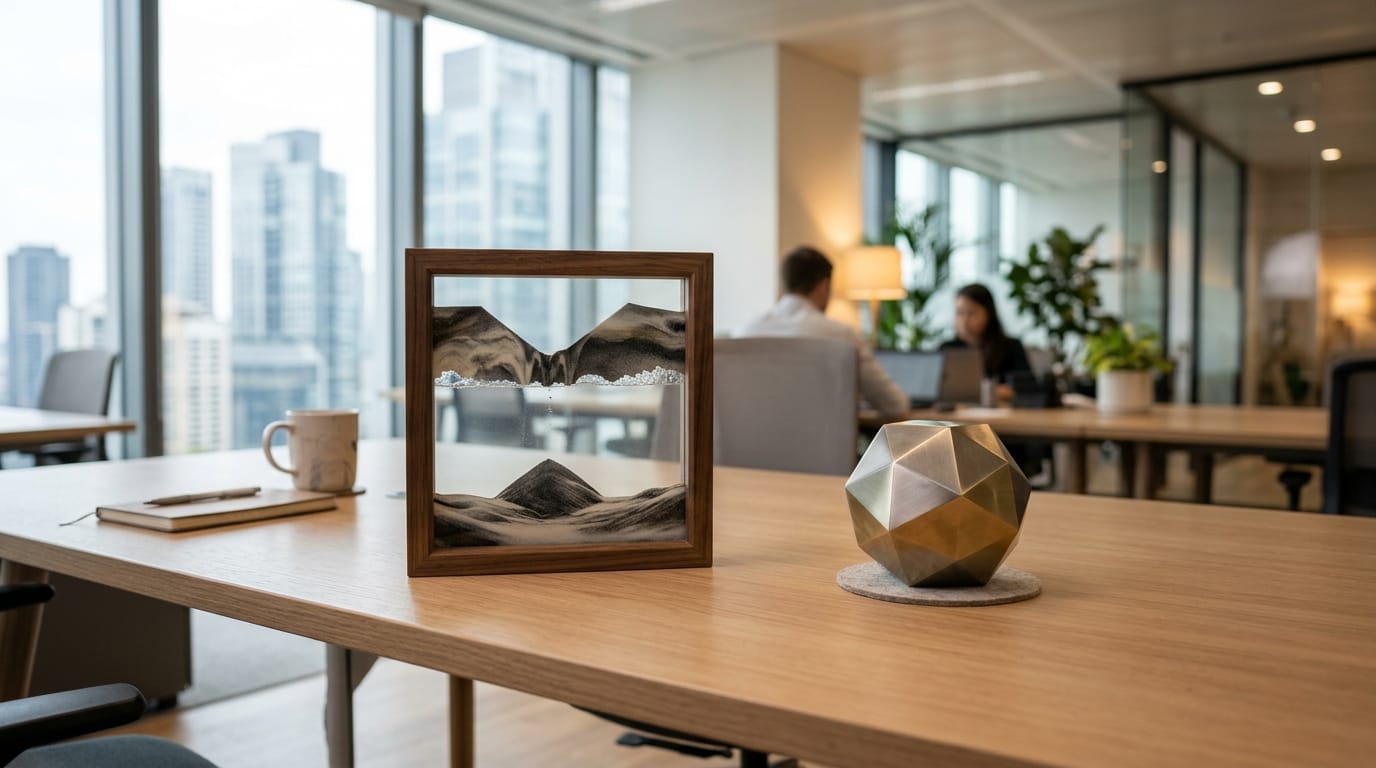 A professional desk setting featuring multimodal sensory tools, including falling-sand art and a weighted grounding device for office stress relief.