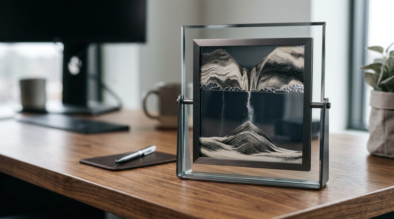 Professional falling sand art desk display used for neurological grounding and stress reduction in a modern office.