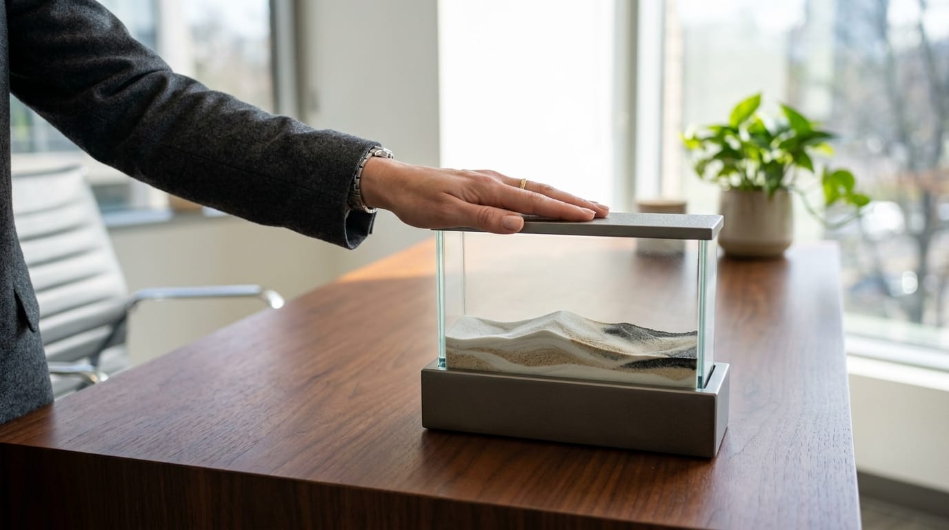 A professional desk setting featuring a weighted sand-art sculpture designed for vagal tone grounding and stress reduction in the workplace.