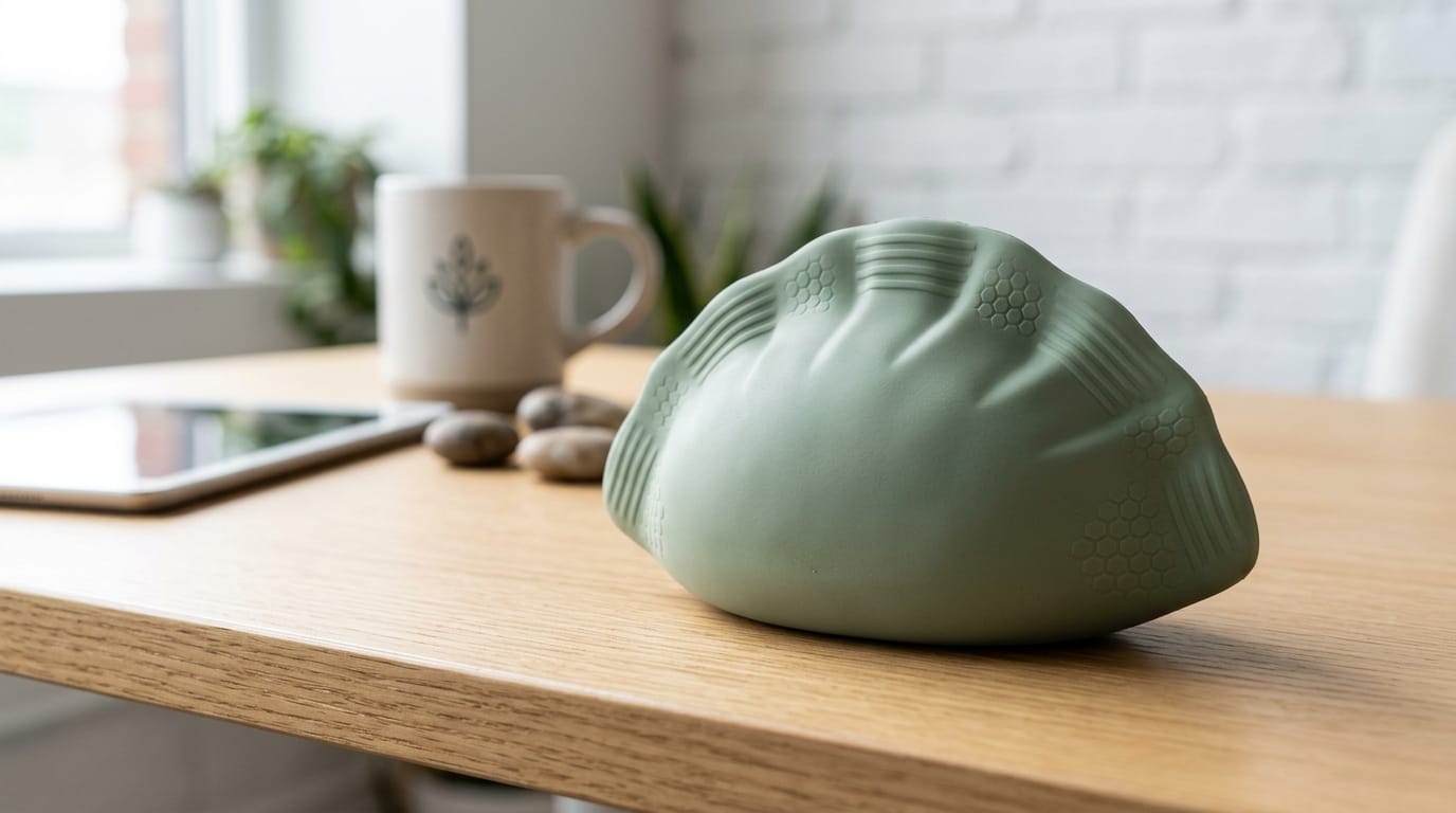 A professional sensory tool featuring ridged textures designed for deep pressure stimulation and stress relief on a modern desk.
