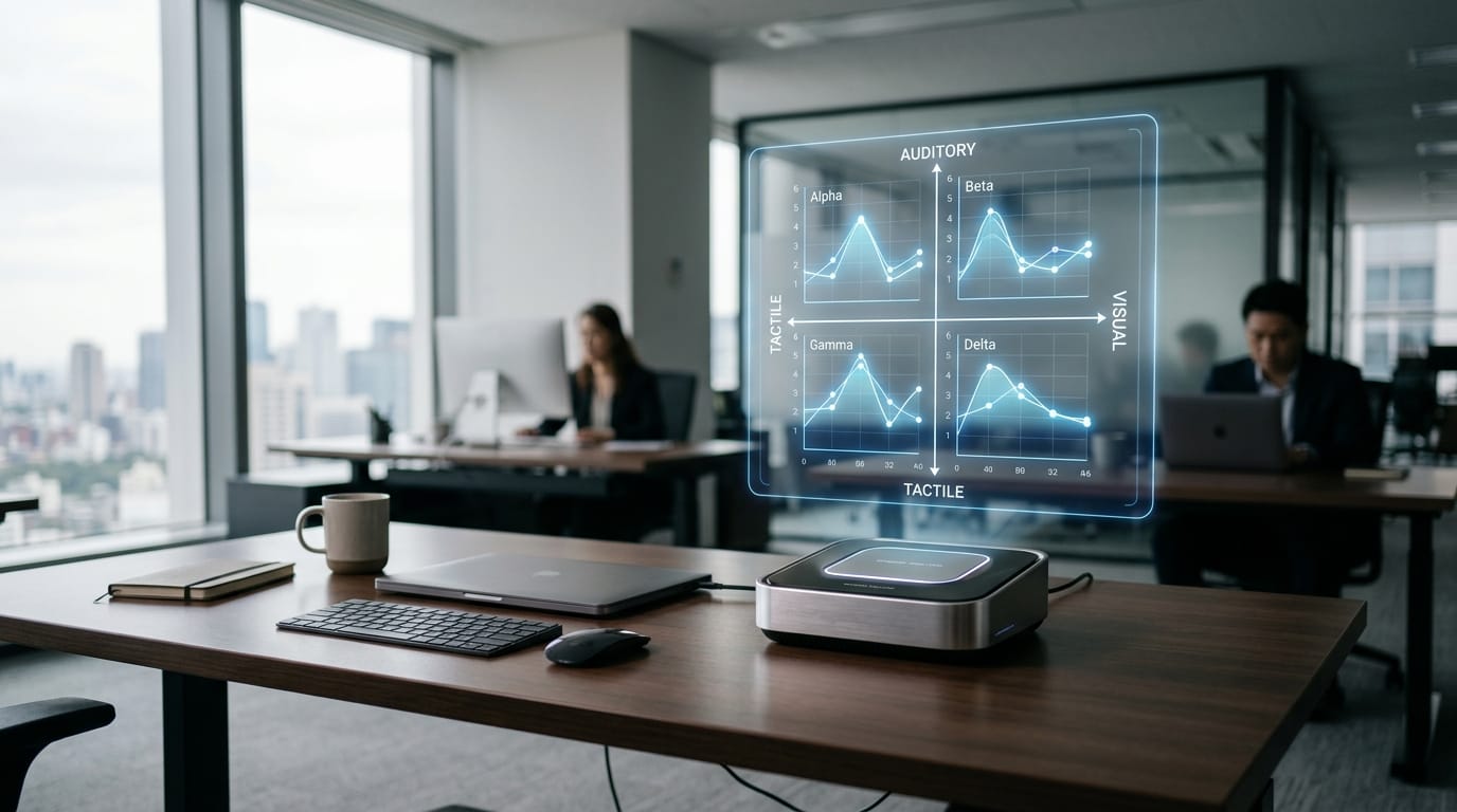 An advanced sensory profile audit tool on a modern desk for workplace mental health and stress management