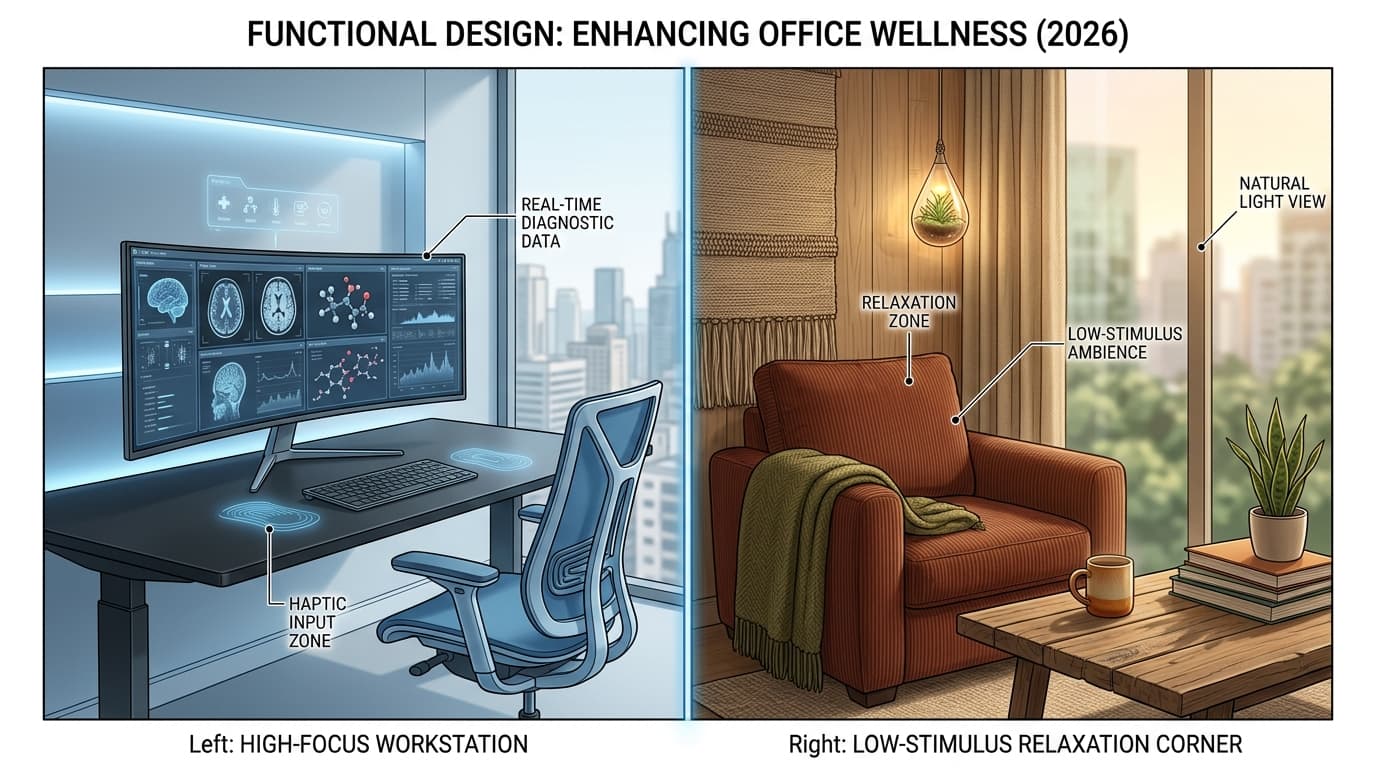A professional split-screen illustration showing the contrast between sensory seeker and sensory avoider office environments.