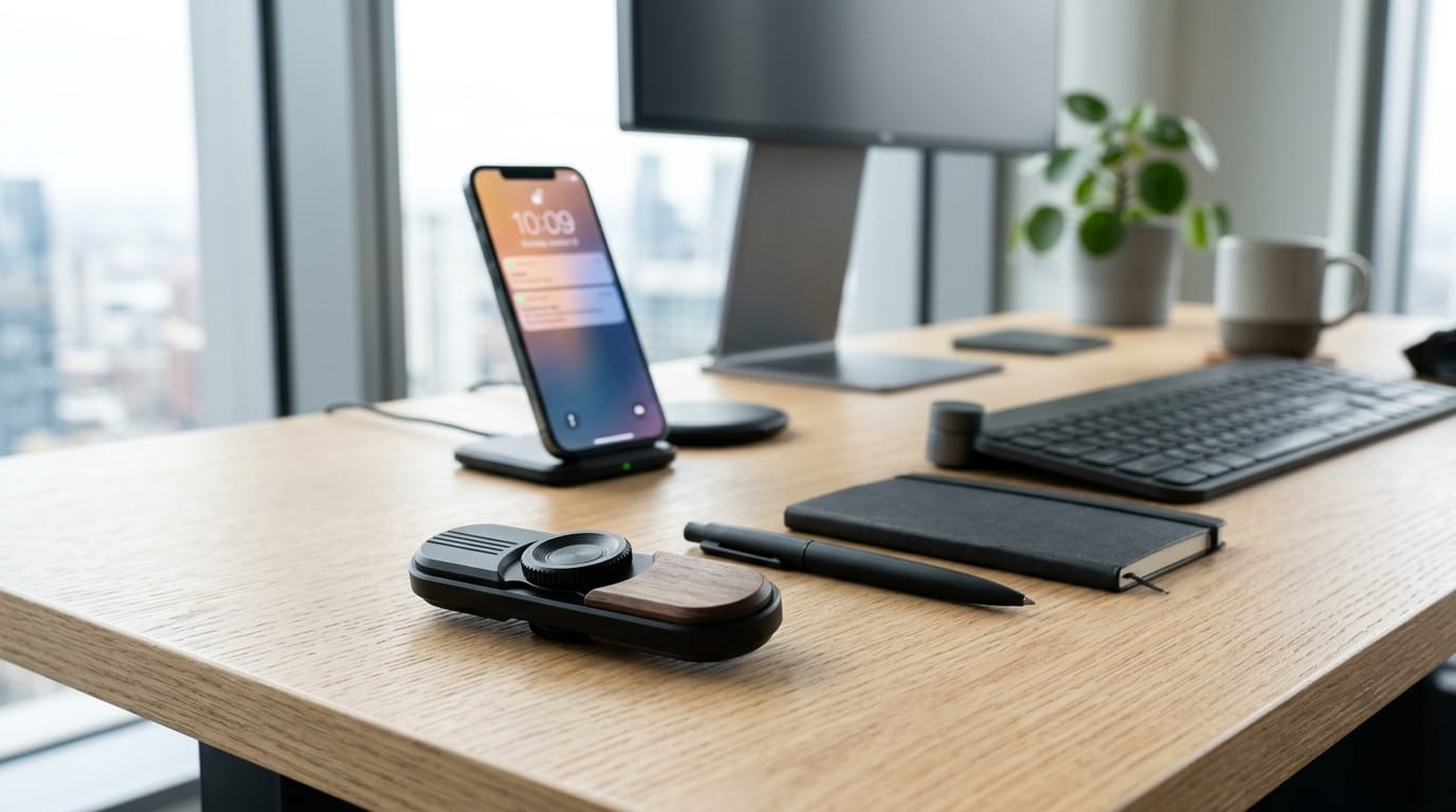 A close-up of a modern tactile desk fidget tool sitting on a clean workspace, illustrating the shift from digital distractions to physical focus aids.